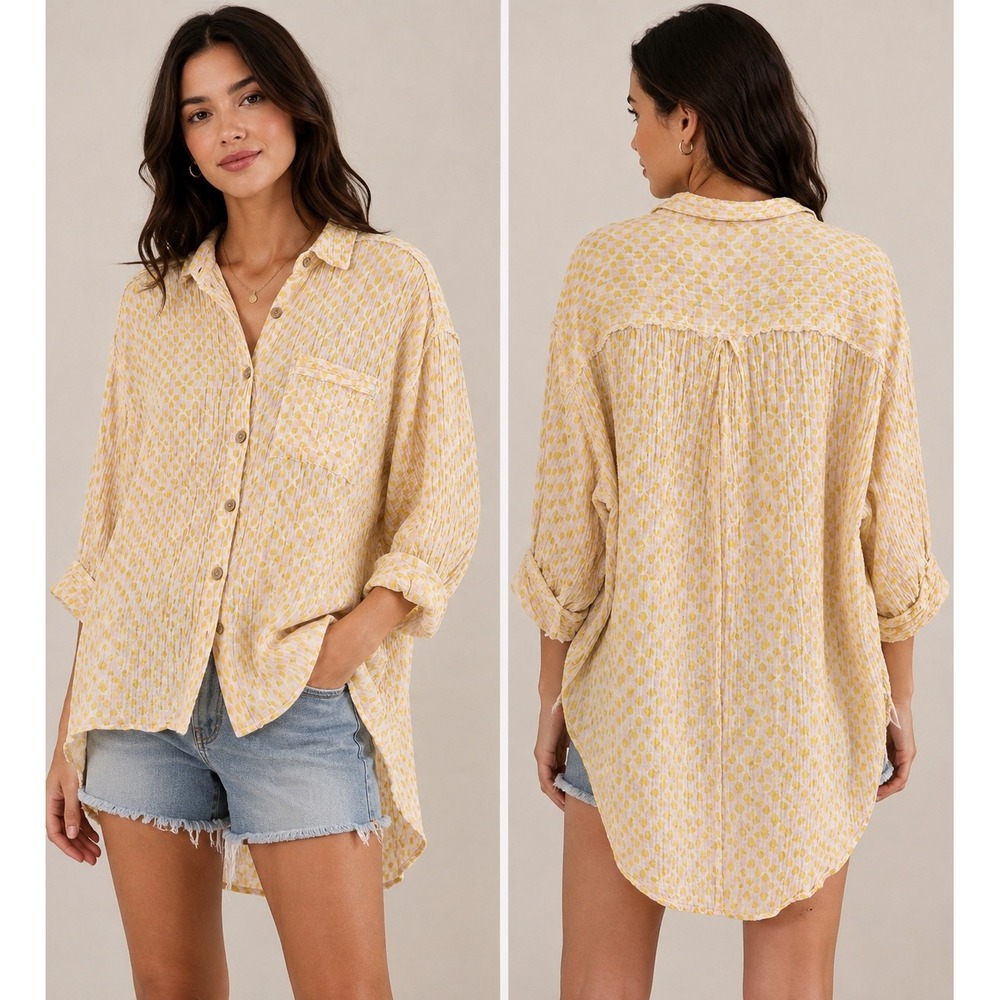 Intimately Free People Yellow Crinkle Gauze Button Down Shirt Oversized Boho s